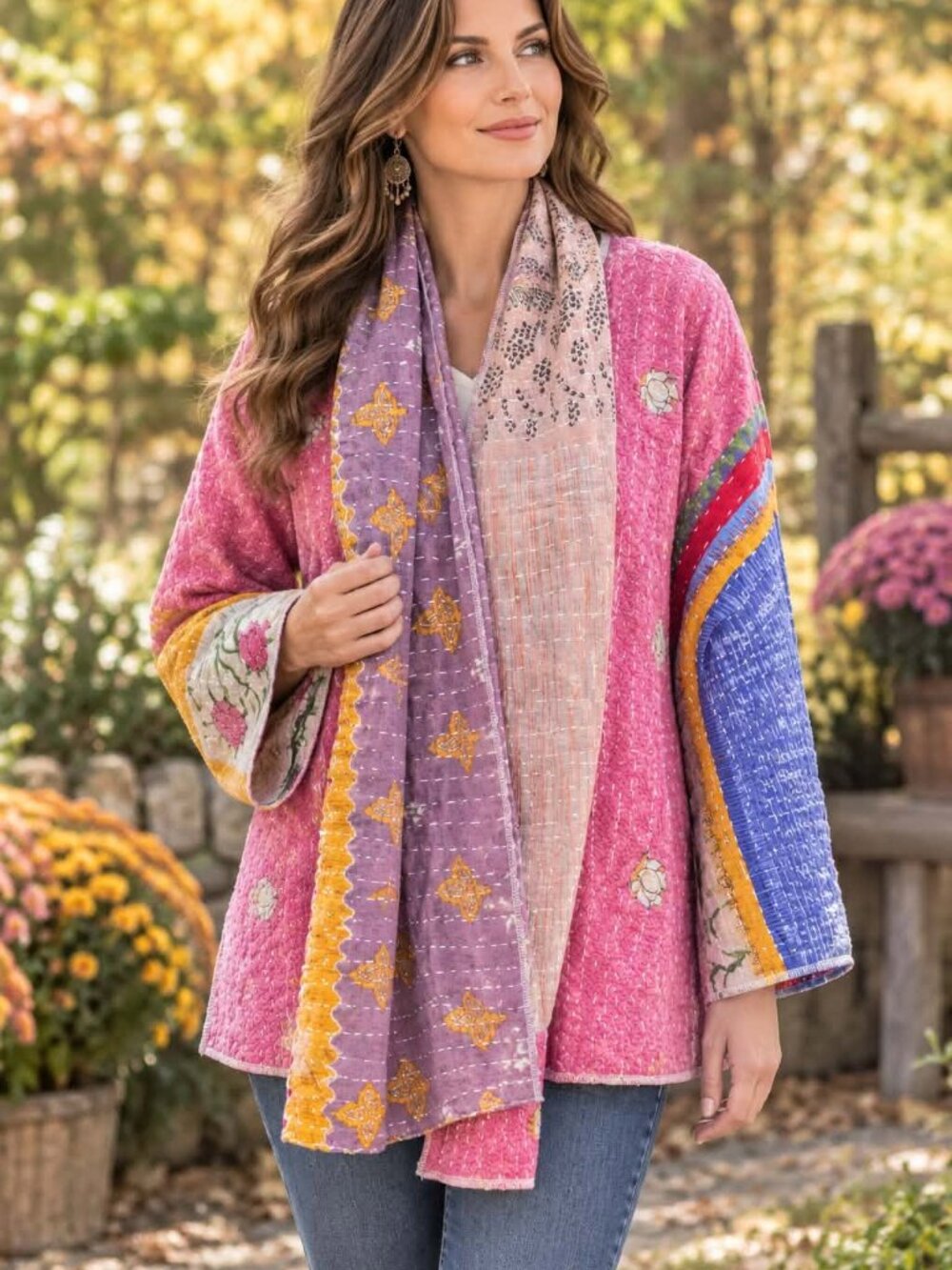 Women Handmade Blue, Purple, Pink Kantha Jacket & Reversible Scarf One Size